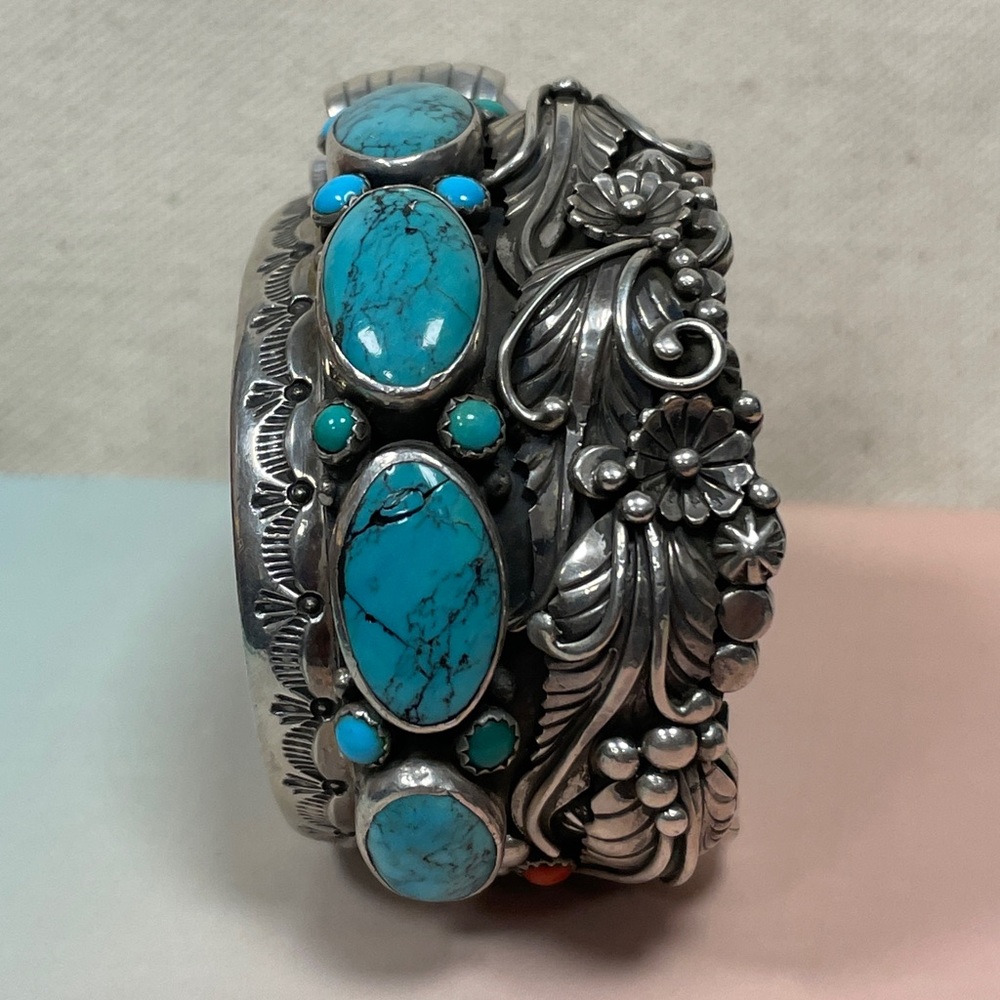 Native American Sterling Silver Turquoise Decorative Bangle Bracelet Watch - Picture 12 of 15